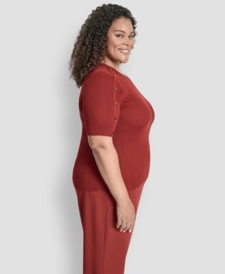 Plus Size Short-Sleeve Button-Detail Sweater 