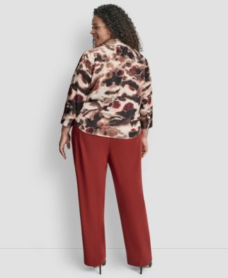 Plus Size Printed Pleat-Front 3/4-Sleeve Blouse