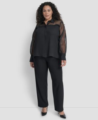 Plus Size Collared Mixed-Media Illusion Blouse
