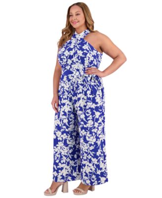 London Times - Plus Size Crisscross Halter Belted Jumpsuit