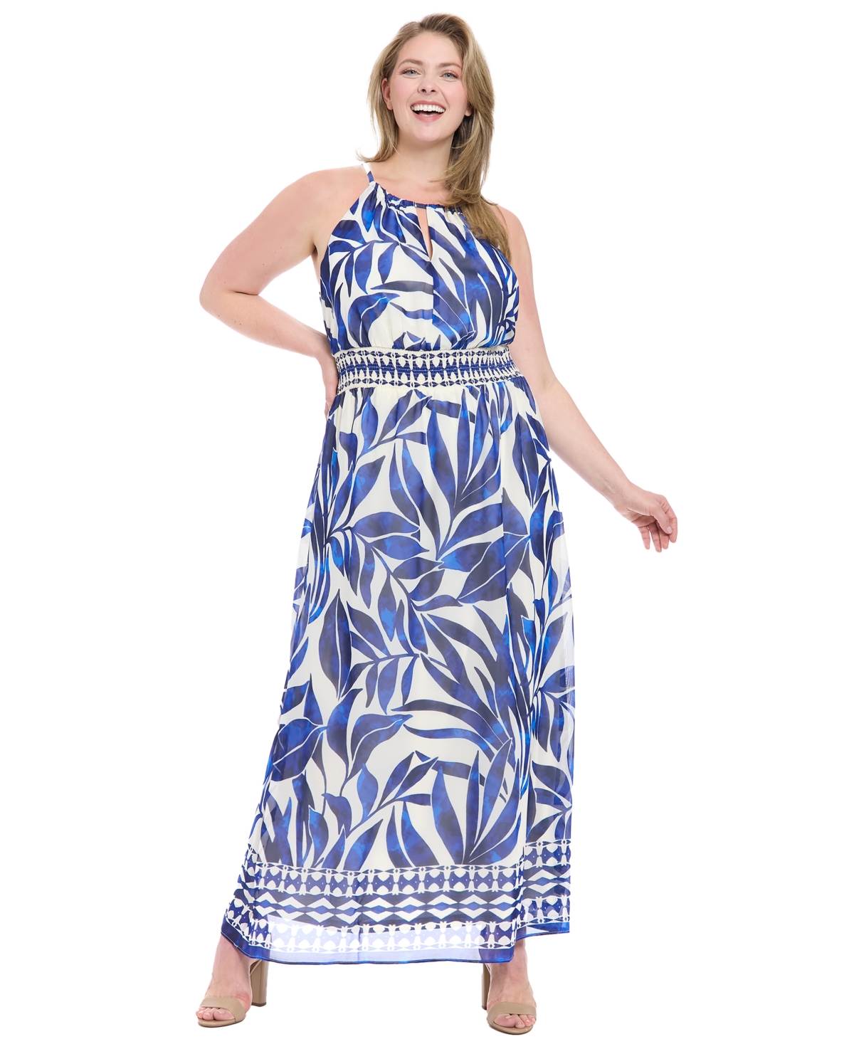London Times Plus Size Printed Halter-neck Maxi Dress In Multi