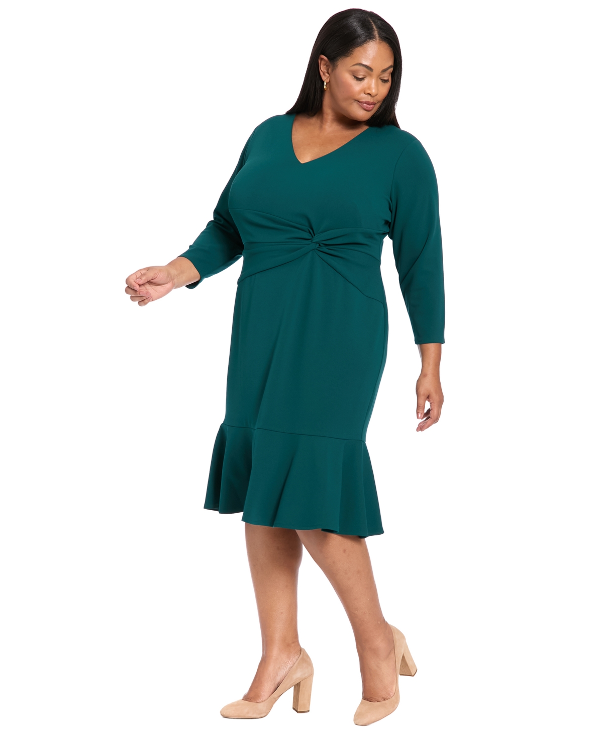 London Times Twist Front Flounce Hem Midi Dress In Green