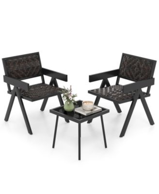 3-Piece Patio PE Wicker Bistro Set with Quick-Drying Cushions and Coffee Table for Outdoor Use