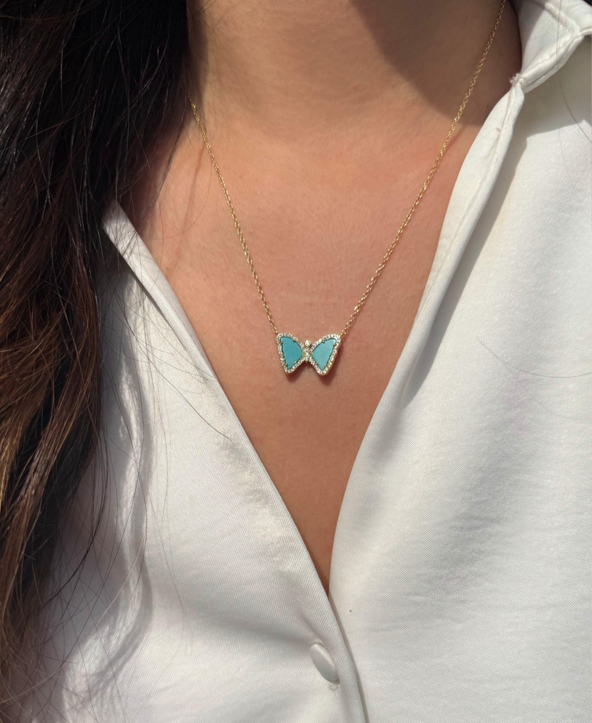 Kamaria Mini Butterfly Necklace With Turquoise In 14k Gold Plated Sterling Silver In Gold