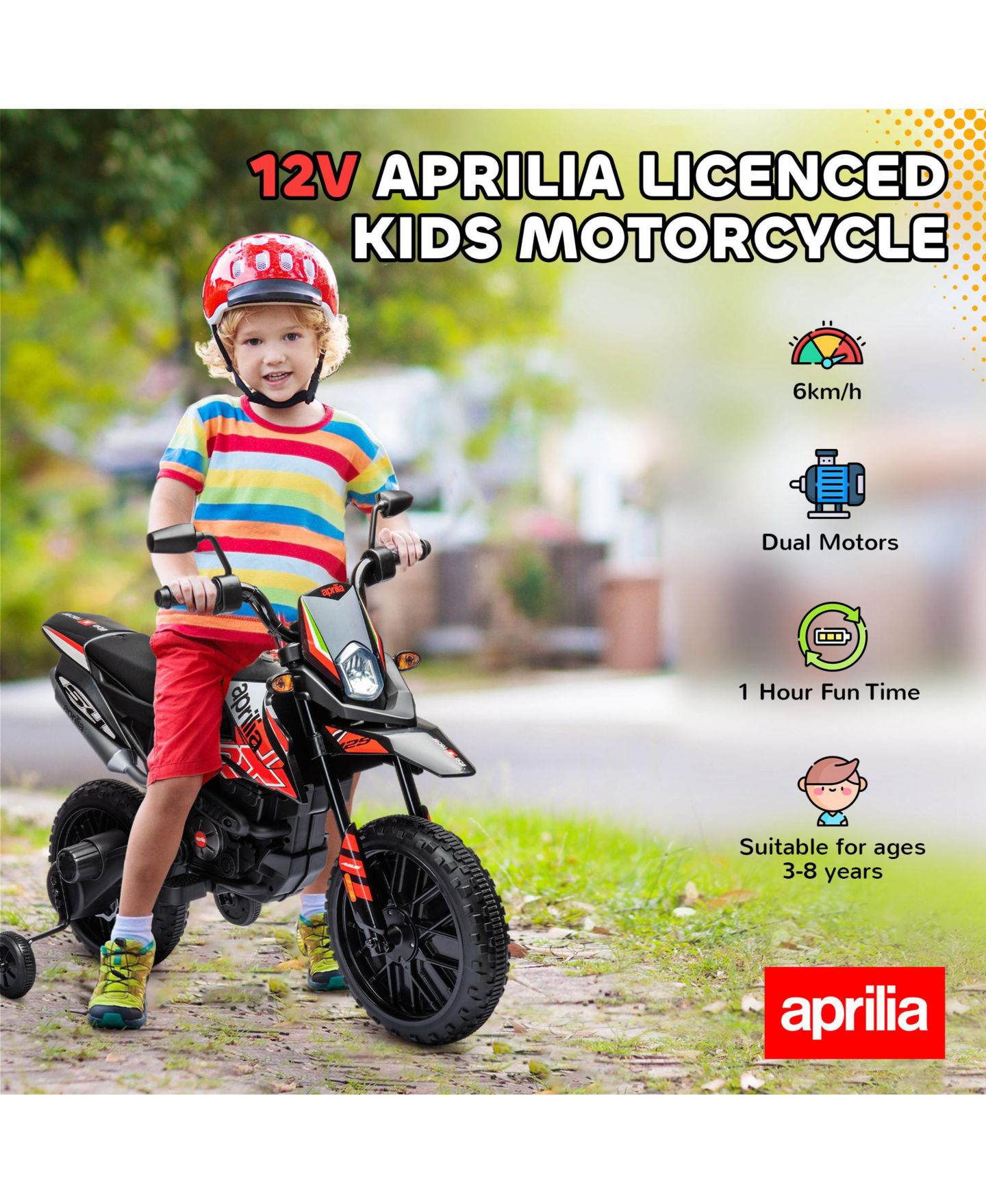 Детская игрушка Qaba 12V Aprilia Licensed Kids Motorcycle with Training Wheels, Ages 3-10, цвет: Красный — фото 4