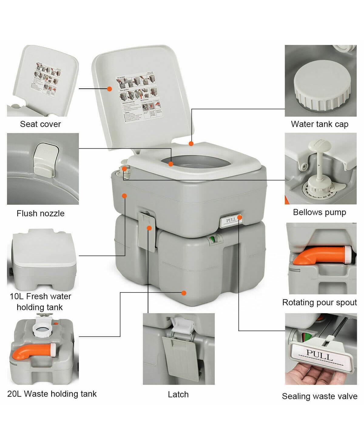 5.3 Gallon Portable Travel Toilet with Piston Pump Flush for Camping