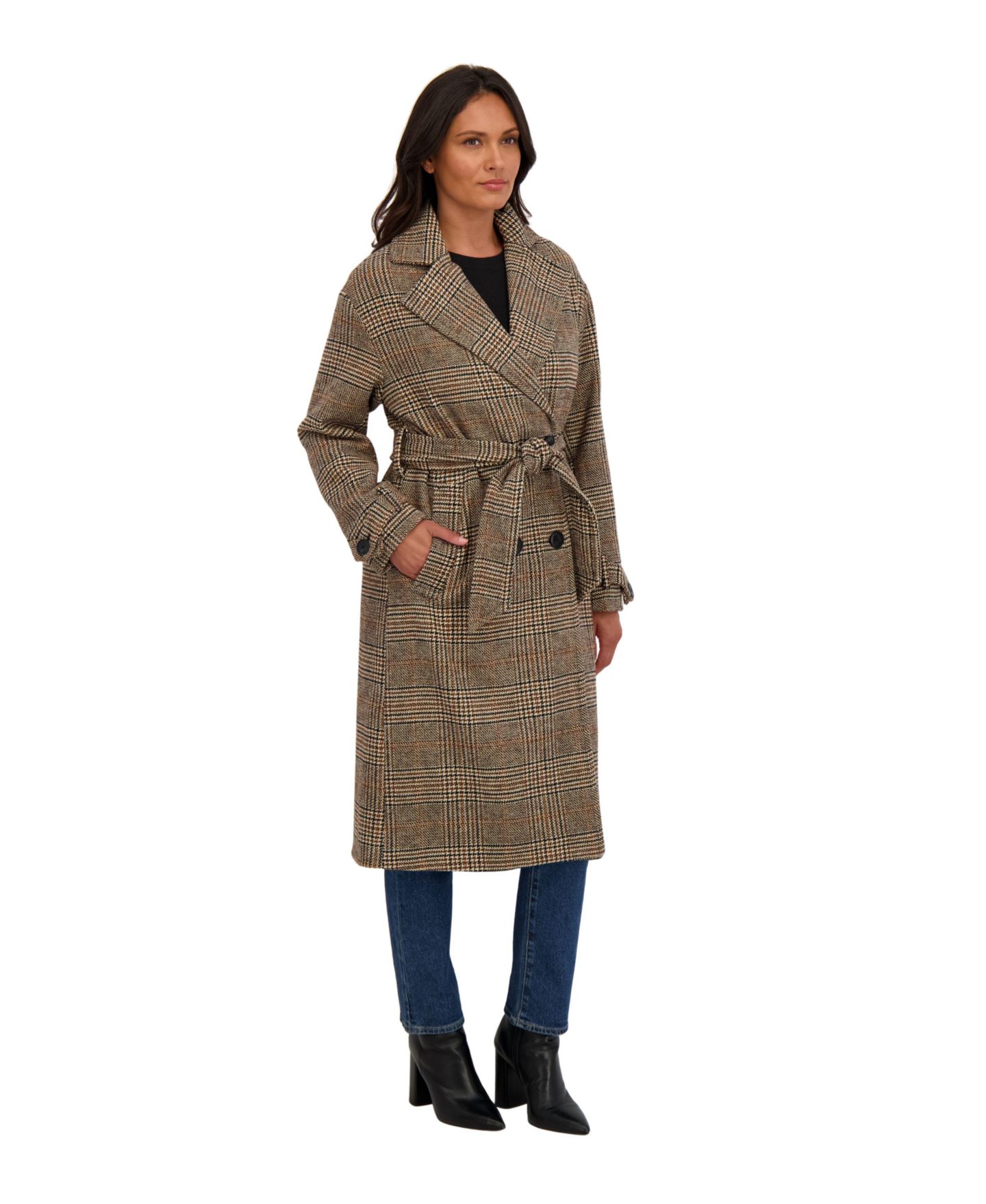 Женское пальто Sebby Collection Long Belted Oversized Double Breasted Faux Wool, цвет: Коричневый / Чёрный — фото 3