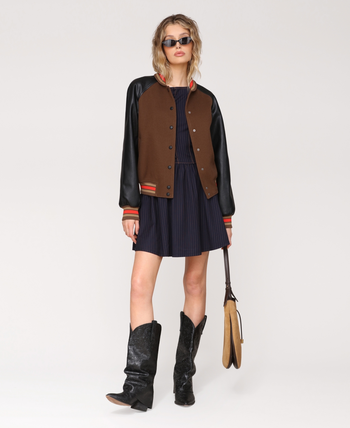 Avec Les Filles Women's Combo Sleeve And Roll Collar Varsity Bomber Jacket In Brown