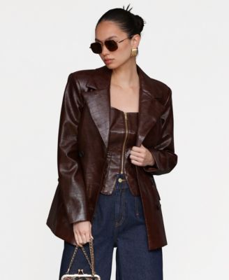 Women's Faux Leather Fitted Button-Front Blazer