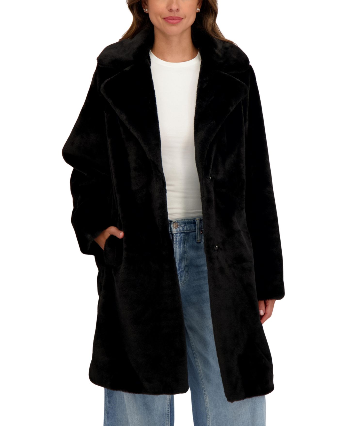 Женское пальто Sebby Collection Faux Fur Notch Collar 3/4 Coat, цвет: Чёрный — фото 4