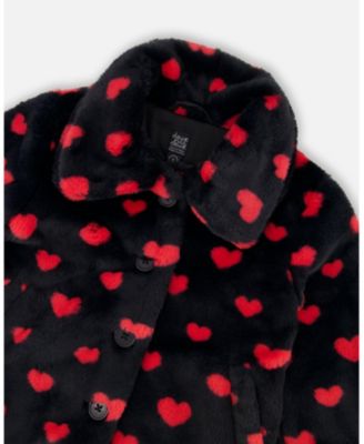 Girl Faux Fur Short Coat Black and Red with Hearts - Toddler|Child