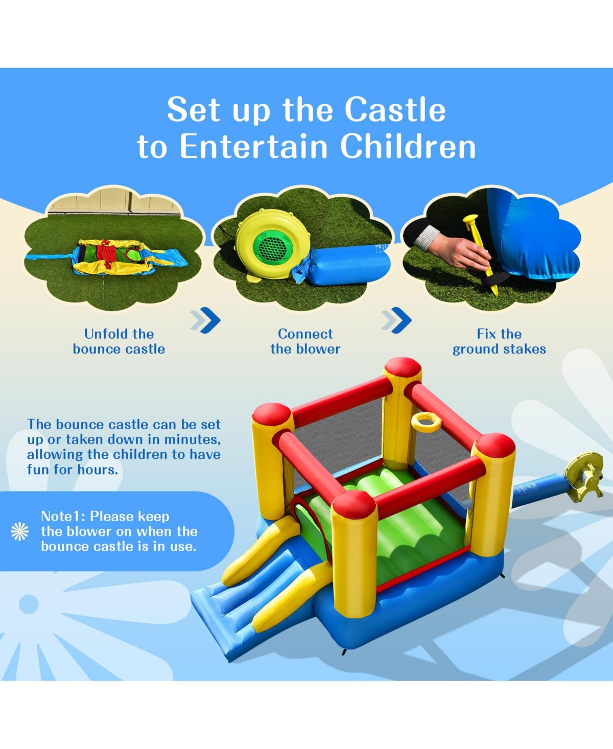 Kids Inflatable Bounce House with Slide and 480W Blower