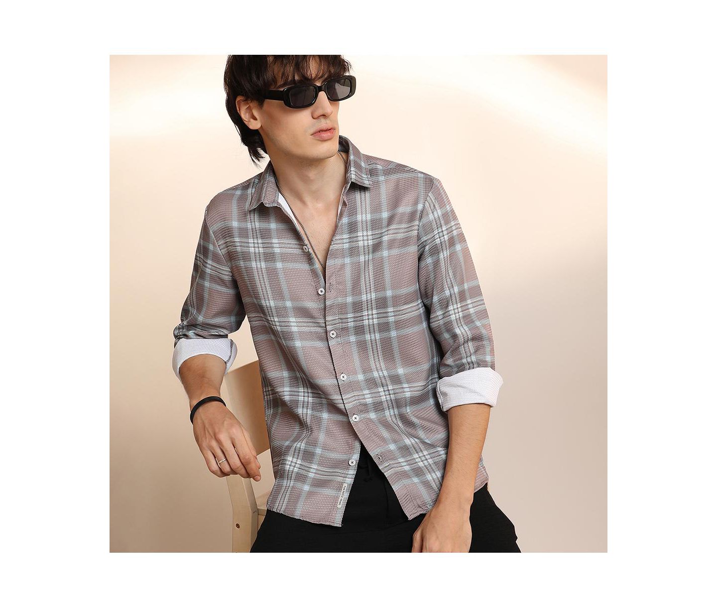Мужская рубашка Cahoot Campus Sutra Nude Pink & Cloud Grey Tartan Plaid, цвет: Коричневый — фото 5