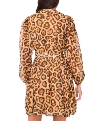 Petite Belted Animal Print Mock Neck Short Dress