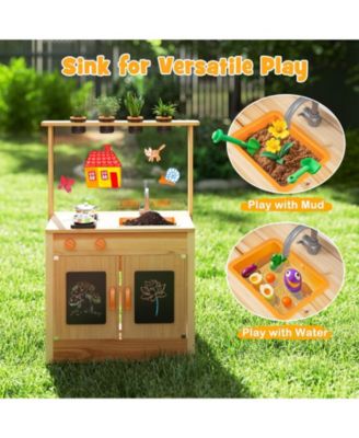 Kids Mud Kitchen Fir Wood Playset with Planting Pots and Blackboards