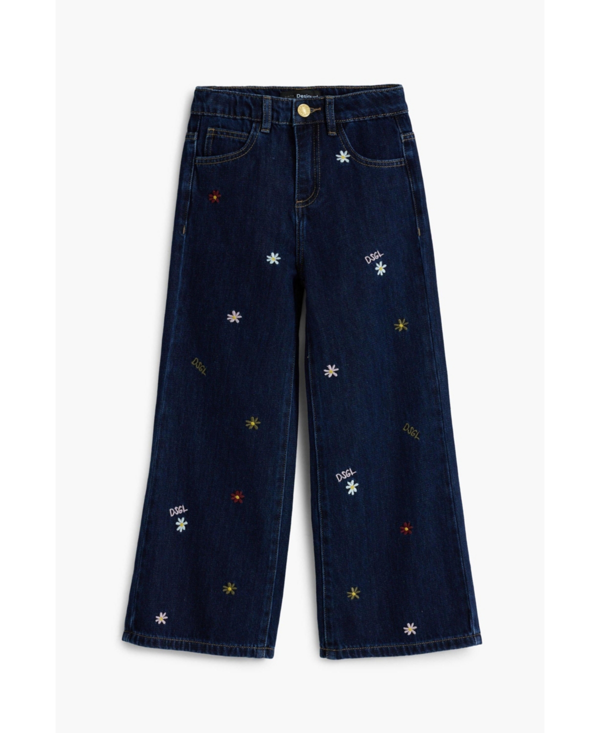 Desigual Girls's Embroidered Cropped Wide Jeans In Black
