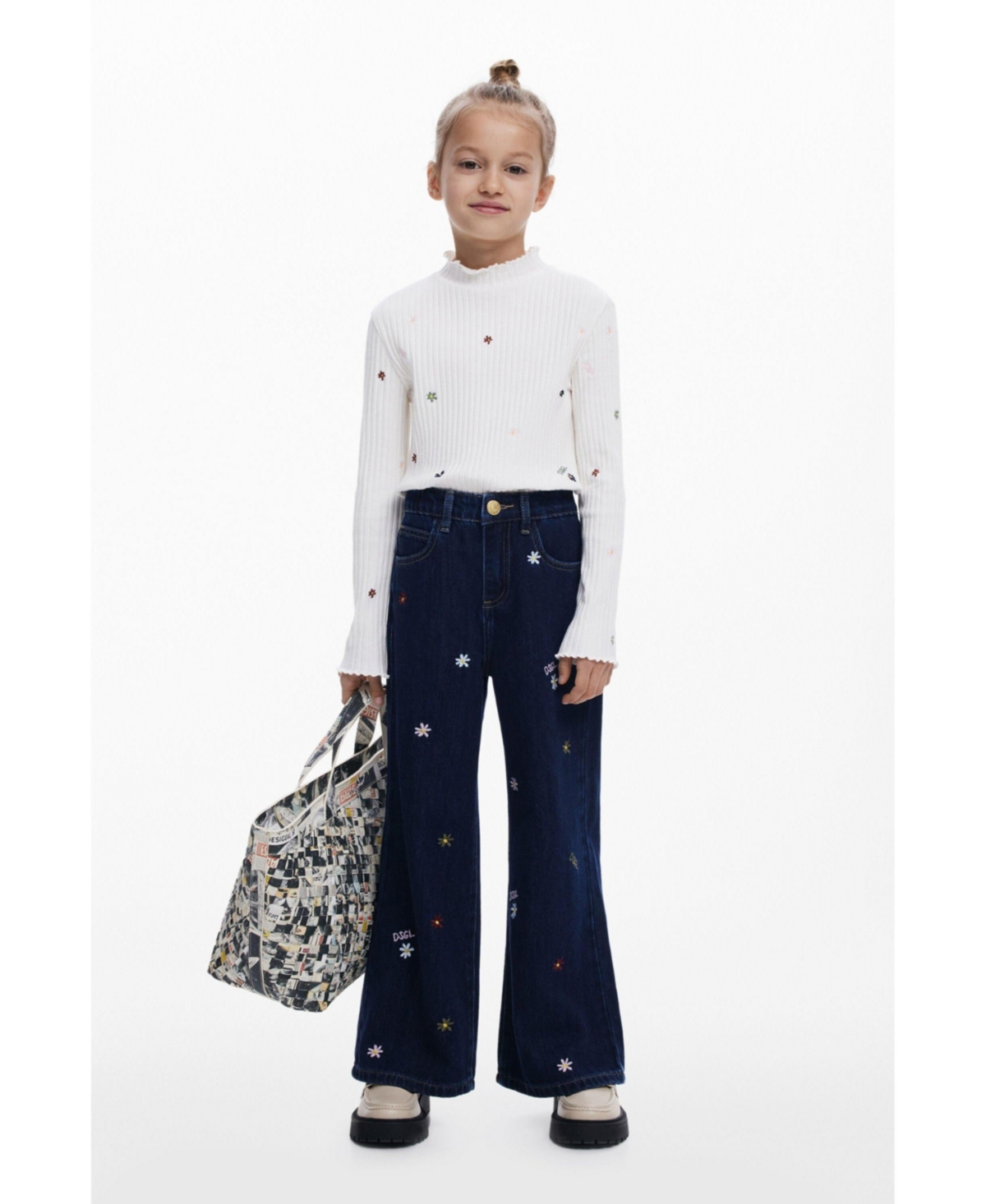 Desigual Girls's Embroidered Cropped Wide Jeans In Black