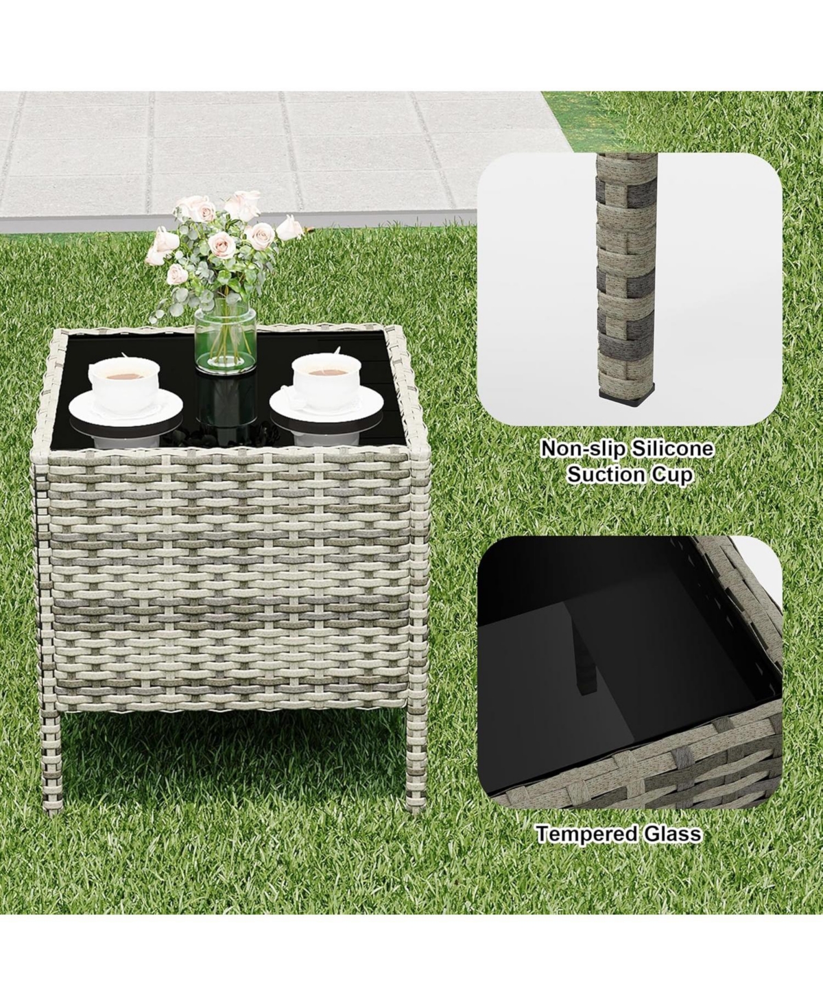 gaomon 3 Piece Grey Pe Rattan Patio Conversation Set with 2 Chairs & Coffee Table, Outdoor Furniture for Patio, Porch, Balcony