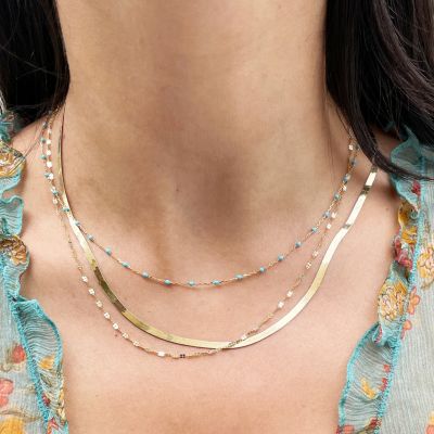 Mini Herringbone Necklace 14K Yellow Gold - 3 millimeters - 16 inches