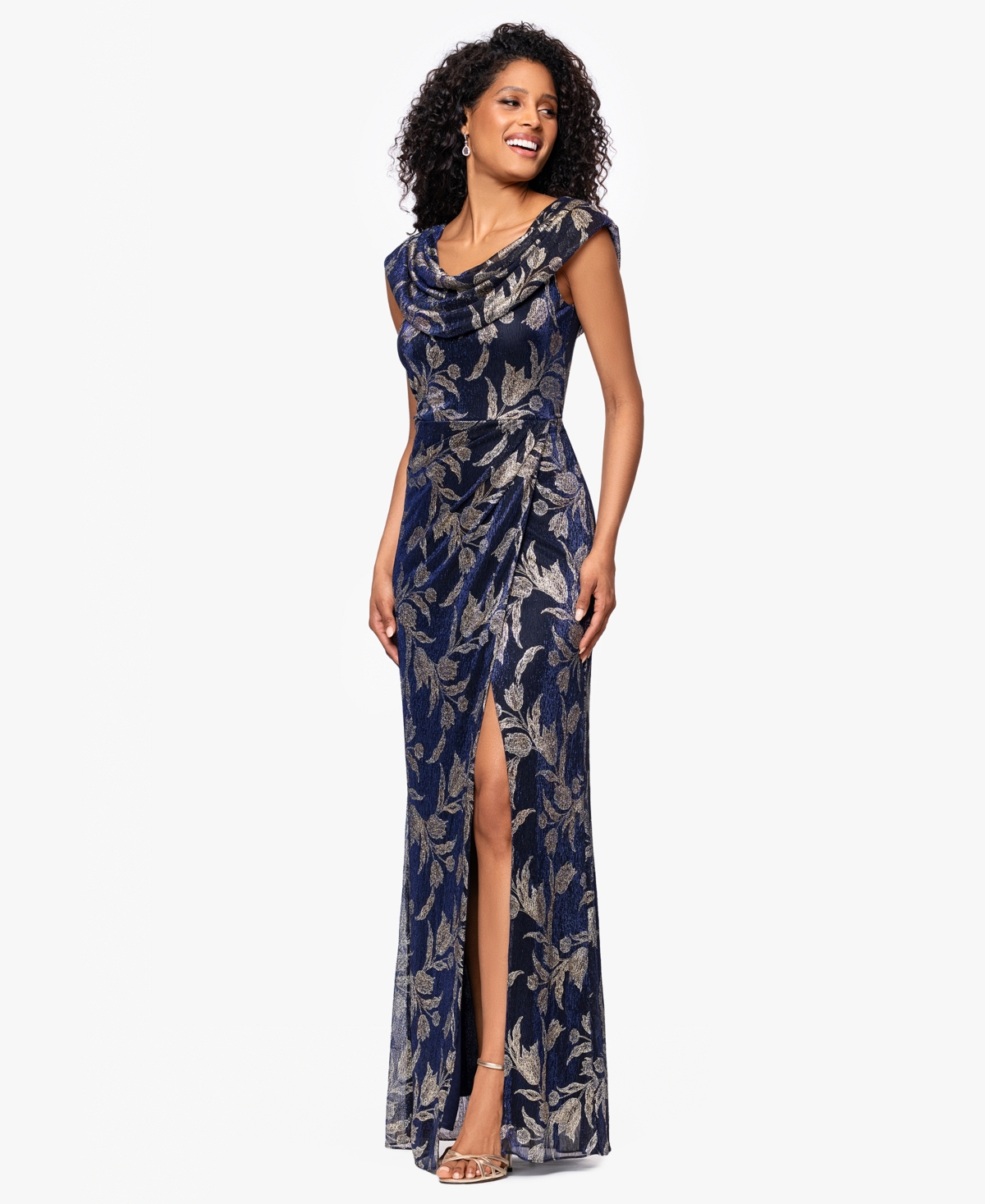 Betsy & Adam Women'sâ Long Foil Crinkle Cowl Neck Dress In Black