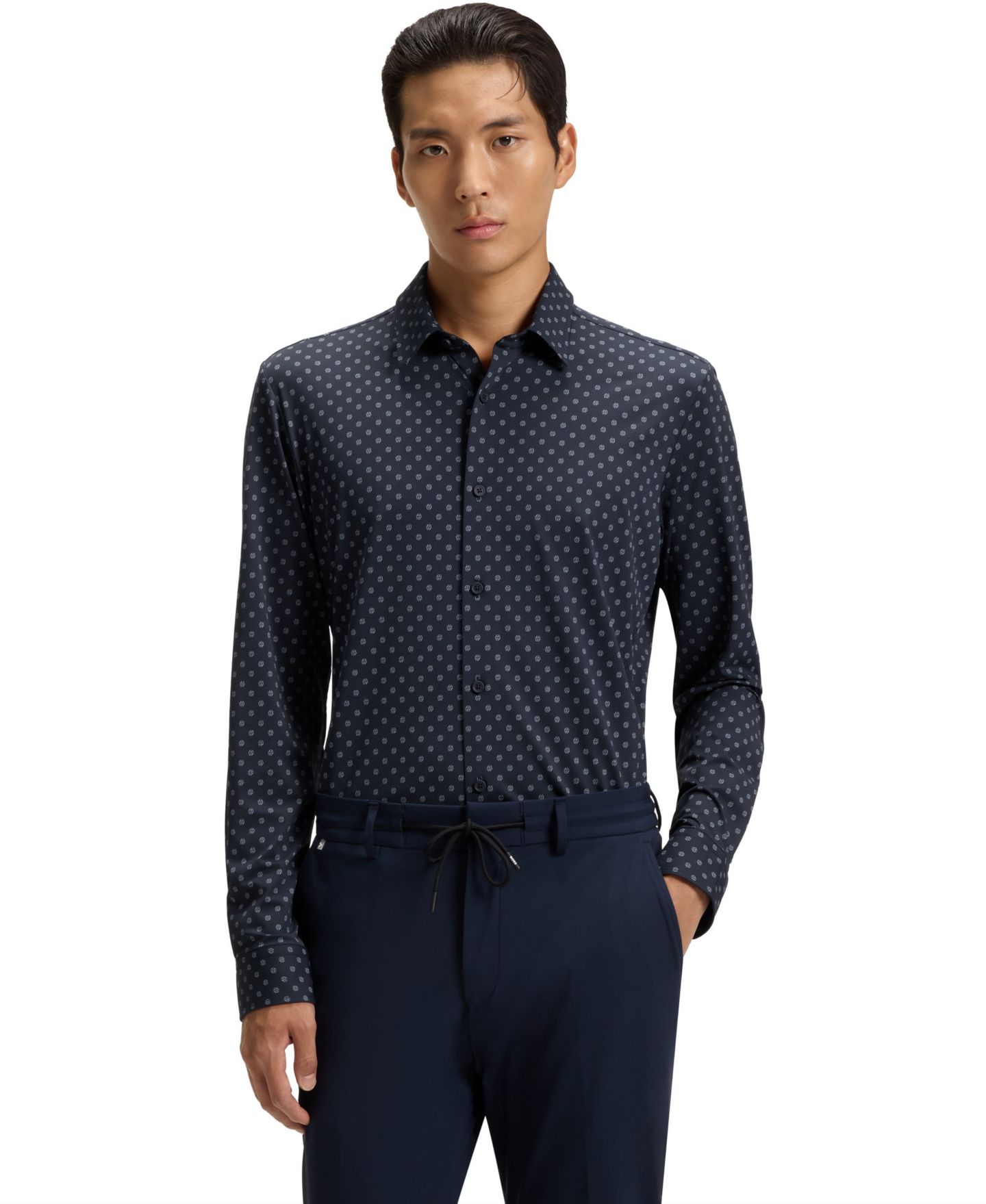 Мужская рубашка Hugo Boss Performance Slim-Fit Dress Shirt, цвет: Тёмный синий — фото 1