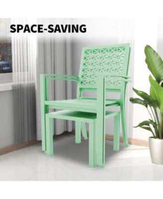 3 PCS Green Patio Bistro Set, Outdoor Stackable Steel Chairs & Square Coffee Table for Balcony, Porch, Garden, Lawn