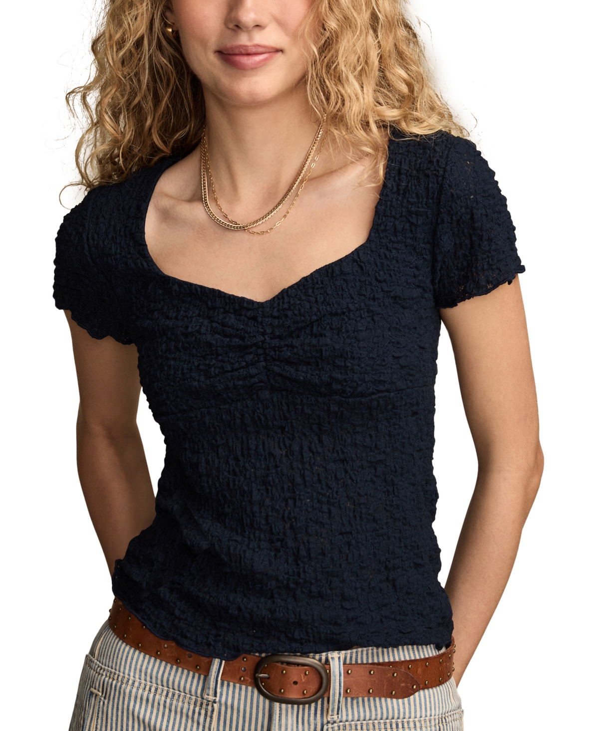 Lucky Brand Women's Textured Sweetheart Neck Babydoll Top In Purple