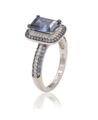 Suzy Levian Sterling Silver Sapphire and Created White Sapphire Halo Ring