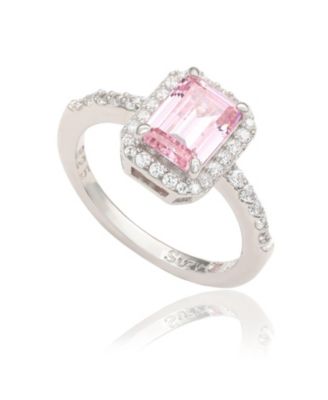 Suzy Levian Sterling Silver Emerald Cut Sapphire & Created White Sapphire Halo Ring