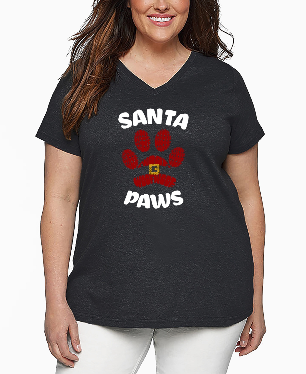 La Pop Art Plus Size Santa Paws Word Art V-neck T-shirt In Gray