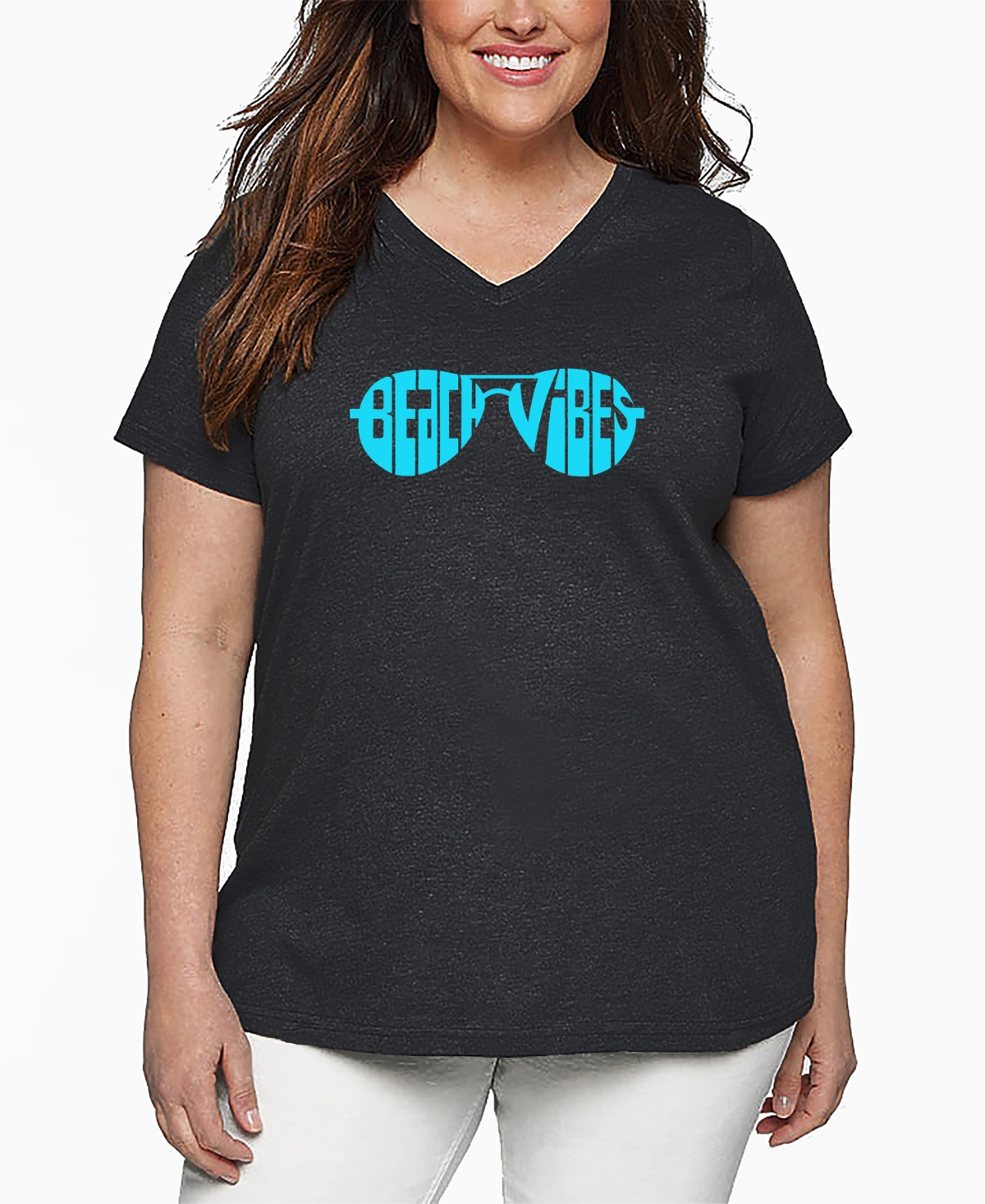 La Pop Art Plus Size Beach Vibes Word Art V-neck T-shirt In Gray