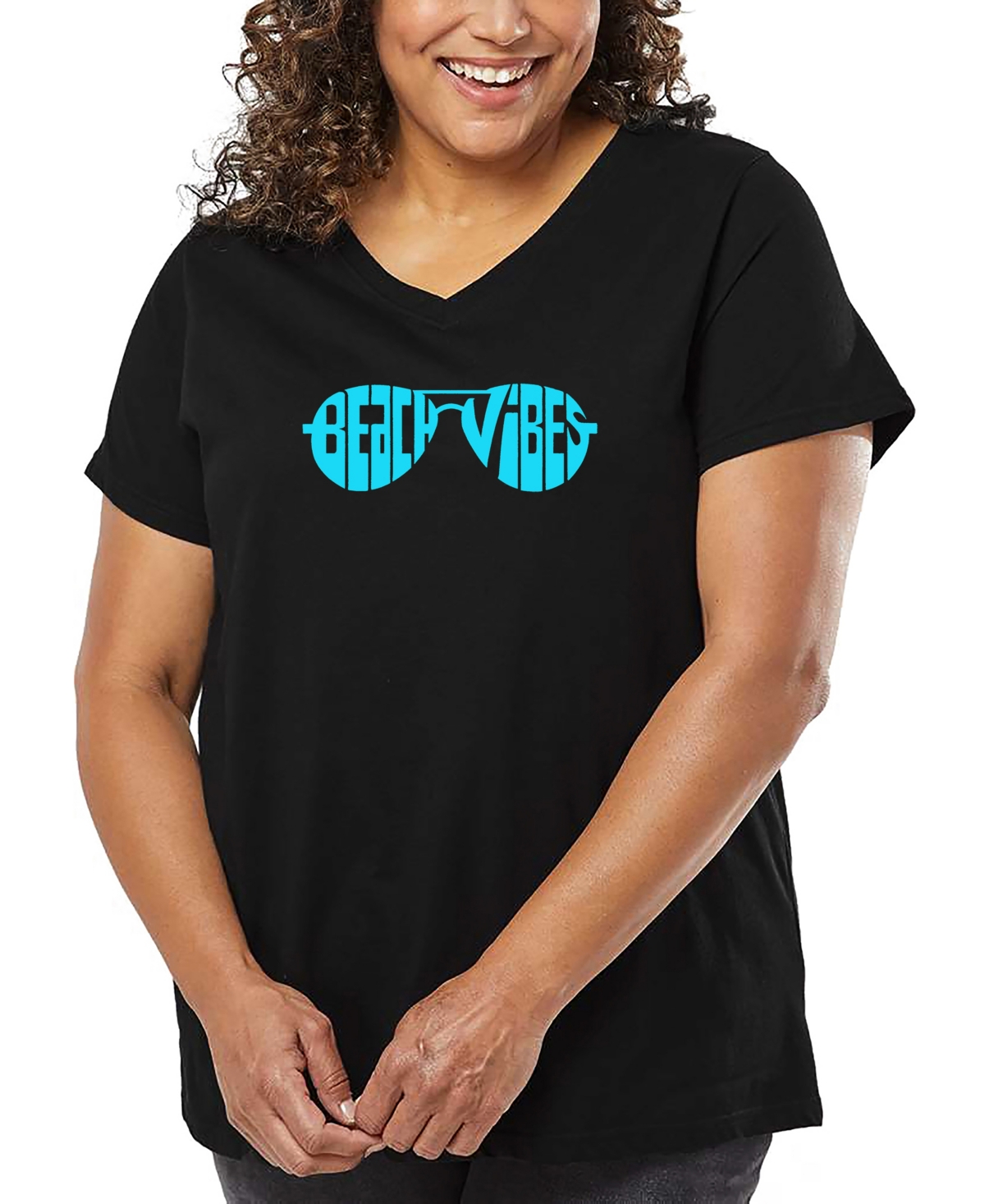La Pop Art Plus Size Beach Vibes Word Art V-neck T-shirt In Black