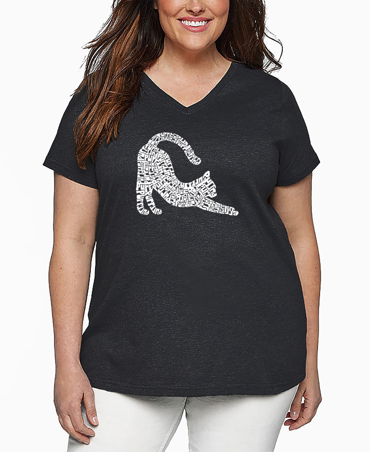 La Pop Art Plus Size Stretching Cat Word Art V-neck T-shirt In Gray