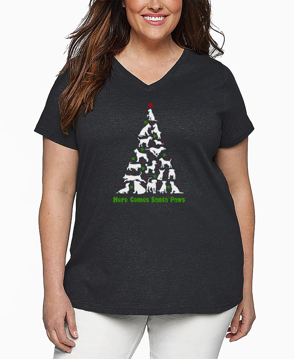 La Pop Art Plus Size Here Comes Santa Paws Word Art V-neck T-shirt In Gray