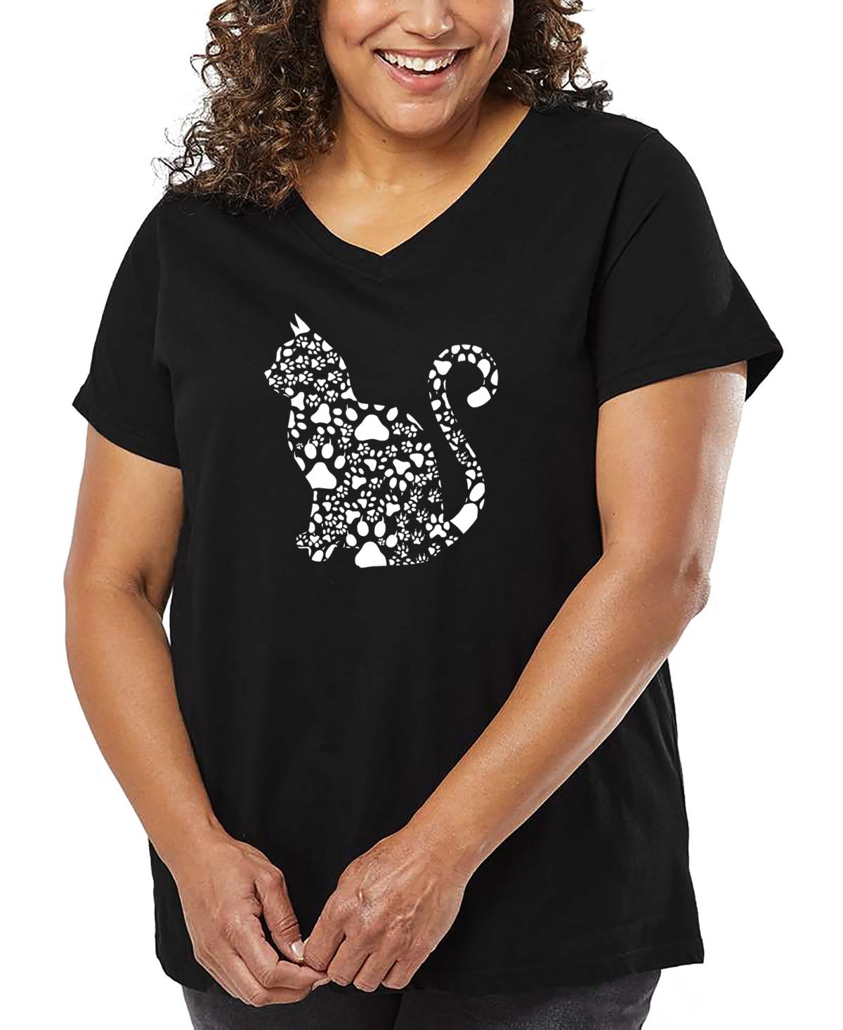 La Pop Art Plus Size Cat Claws Word Art V-neck T-shirt In Black