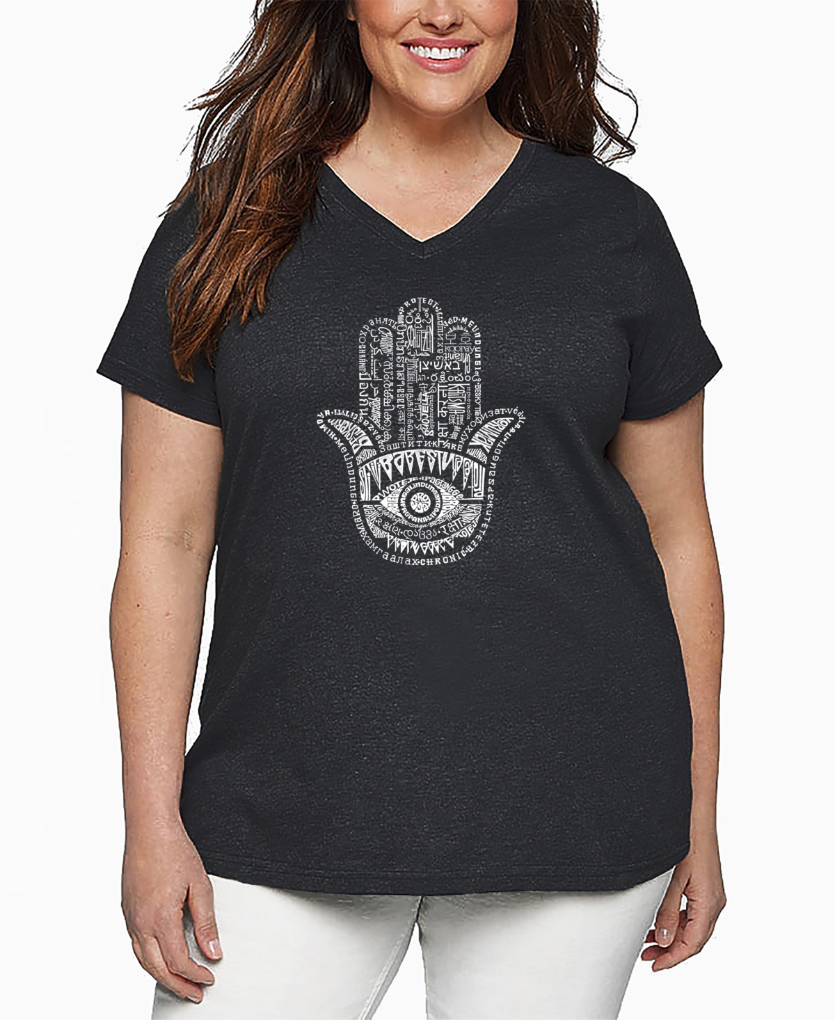 La Pop Art Plus Size Hamsa Word Art V-neck T-shirt In Black