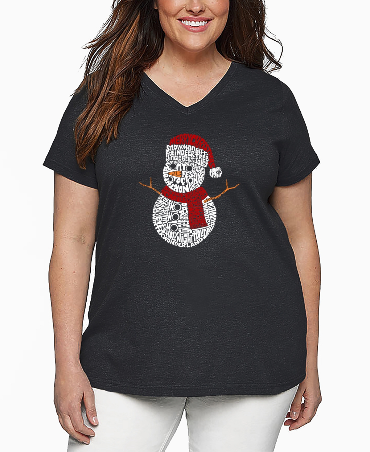 La Pop Art Plus Size Christmas Snowman Word Art V-neck T-shirt In Gray