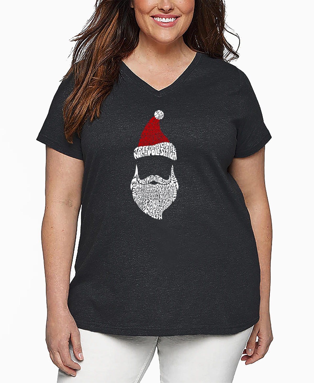 La Pop Art Plus Size Santa Claus Word Art V-neck T-shirt In Gray