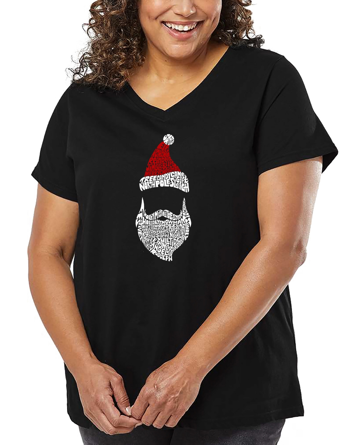 La Pop Art Plus Size Santa Claus Word Art V-neck T-shirt In Black