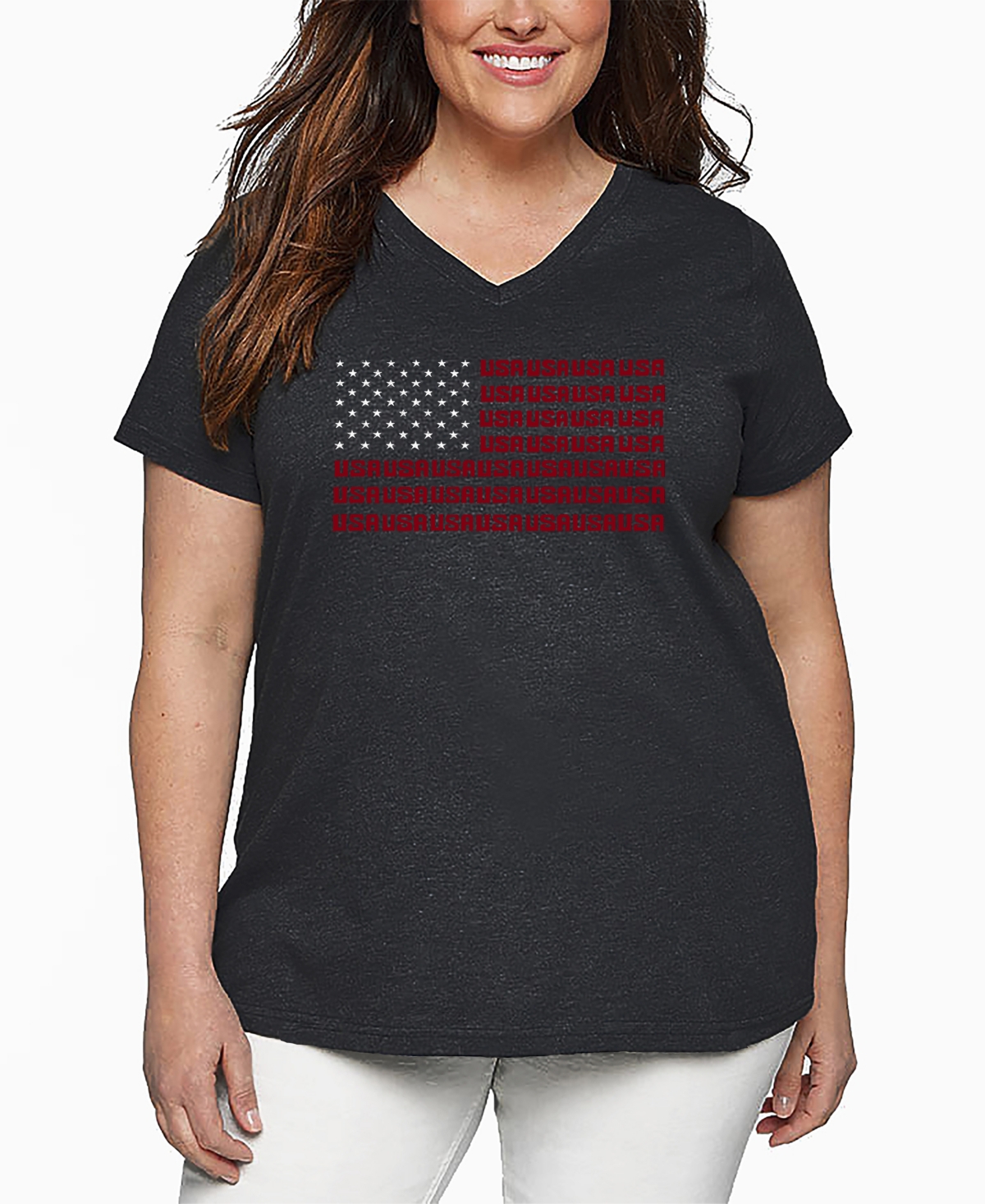 La Pop Art Plus Size Usa Flag Word Art V-neck T-shirt In Gray