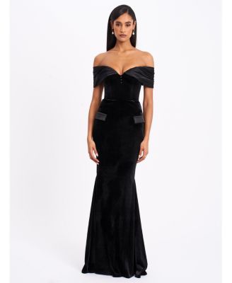 Women Qamra Black Velvet Off Shoulder Mermaid Maxi Dress