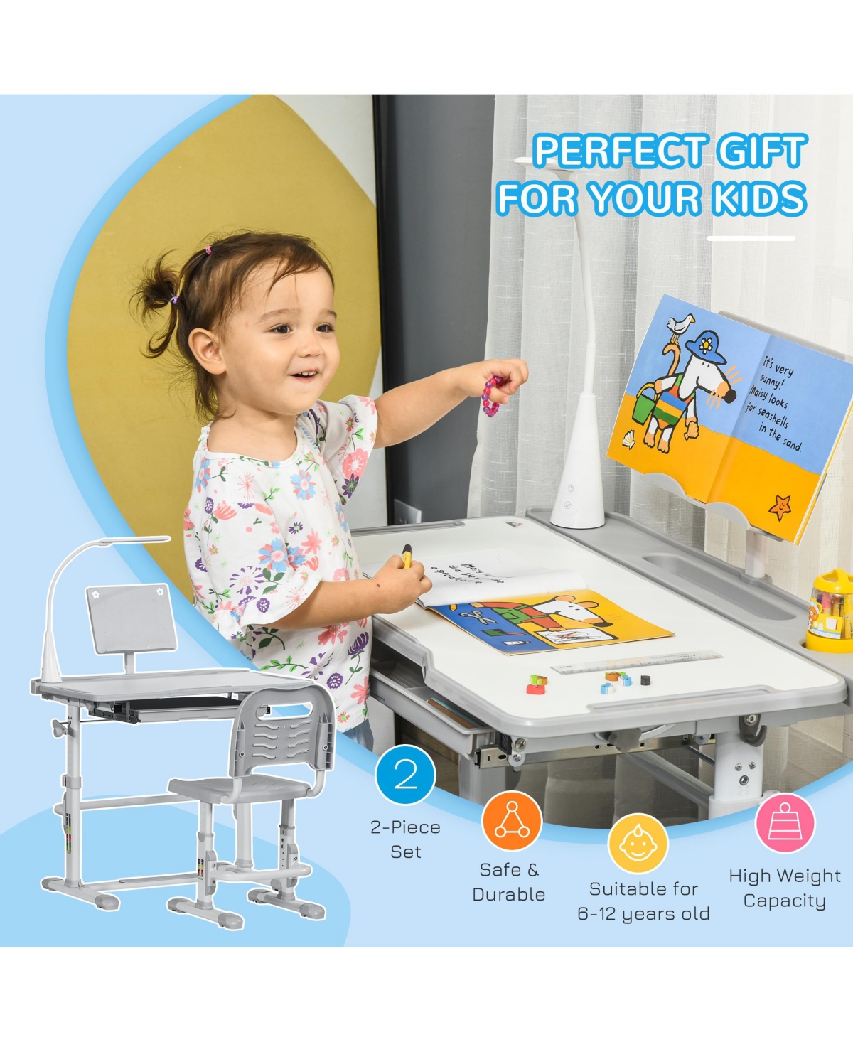 Qaba Kids Table and Chair Set, Activity Desk with Usb Lamp,
