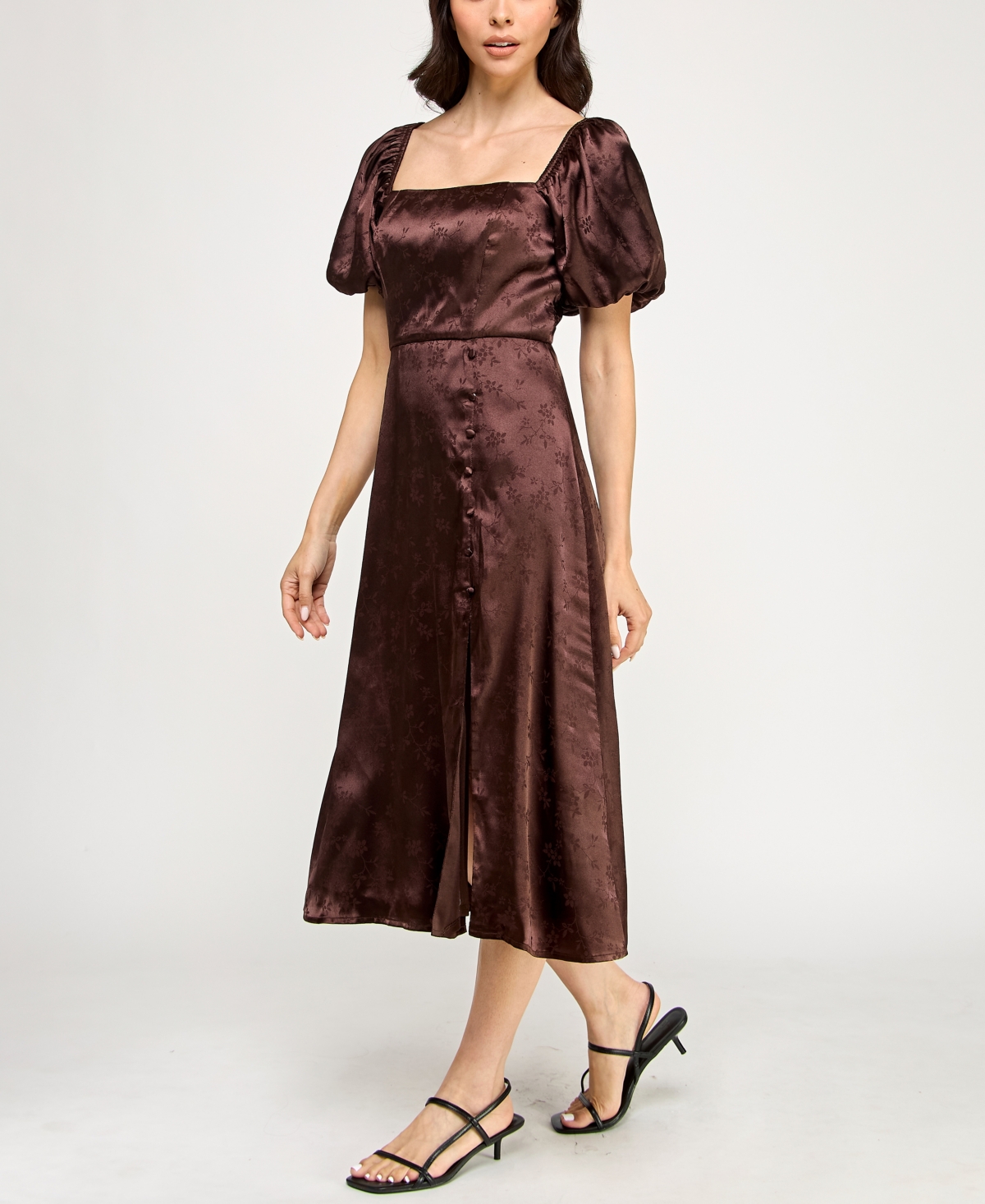Trixxi Juniors' Puff Sleeve Button Down Midi Dress In Brown