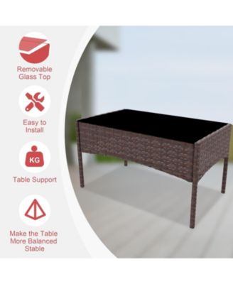 4 Pieces Brown/Red Rattan Outdoor Patio Furniture Set with Upholstered Sofa, 2 Chairs & Coffee Table for Backyard & Porch