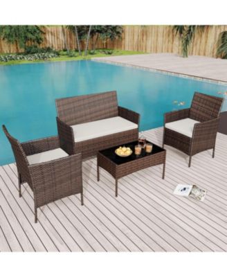 4 Piece Wicker Rattan Patio Conversation Set with 2 Chairs, Loveseat & Coffee Table for Front Porch, Balcony, Bistro Use
