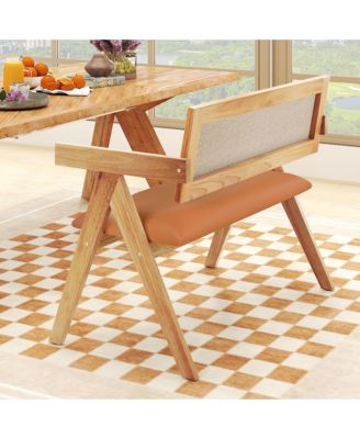 Rubber Wood Dining Bench w/Armrest Sherpa Upholstered Backrest Soft-padded Seat