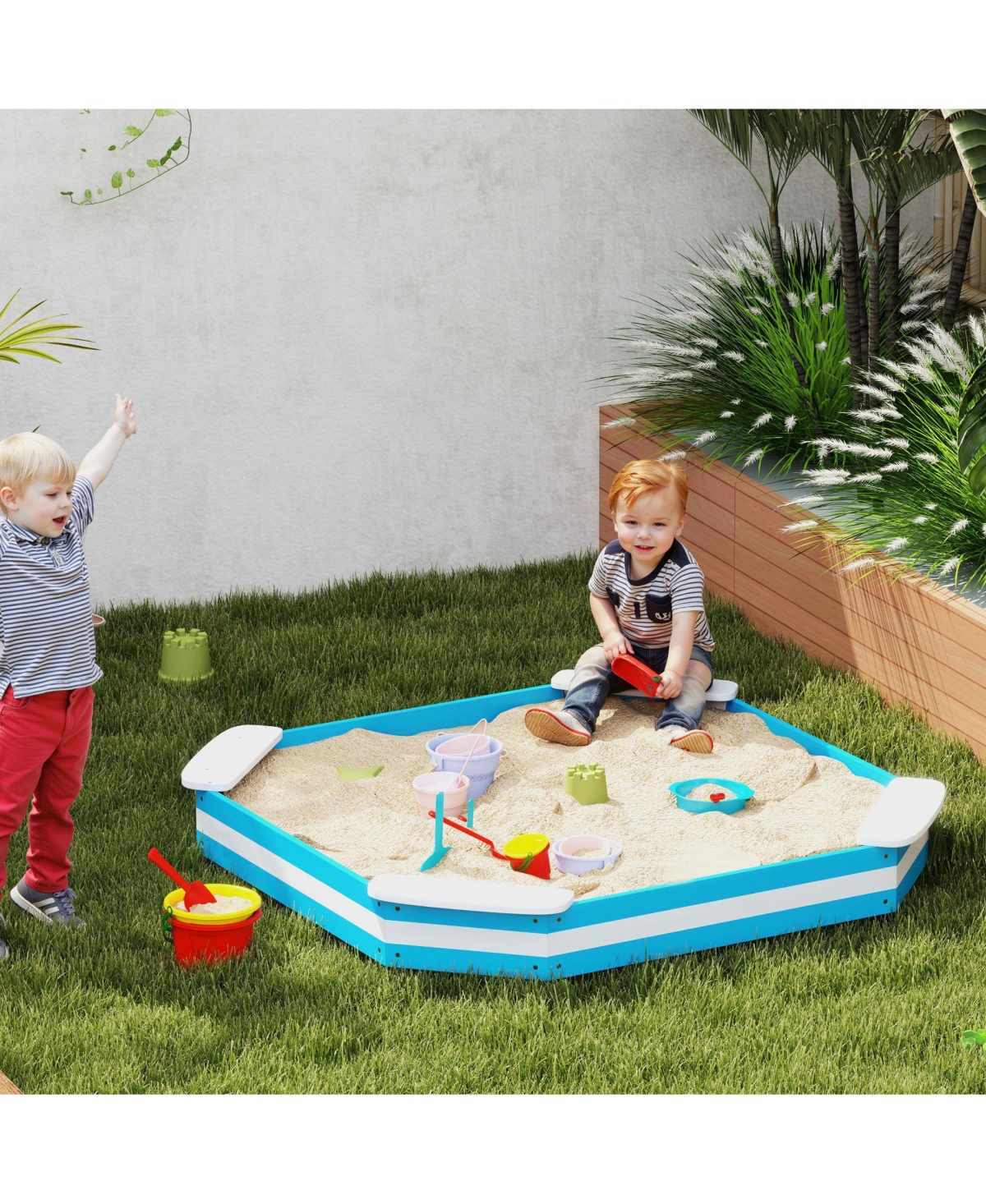 Qaba Kids box, Wooden Pit w/ 4 Corner Seats, Bottom Liner