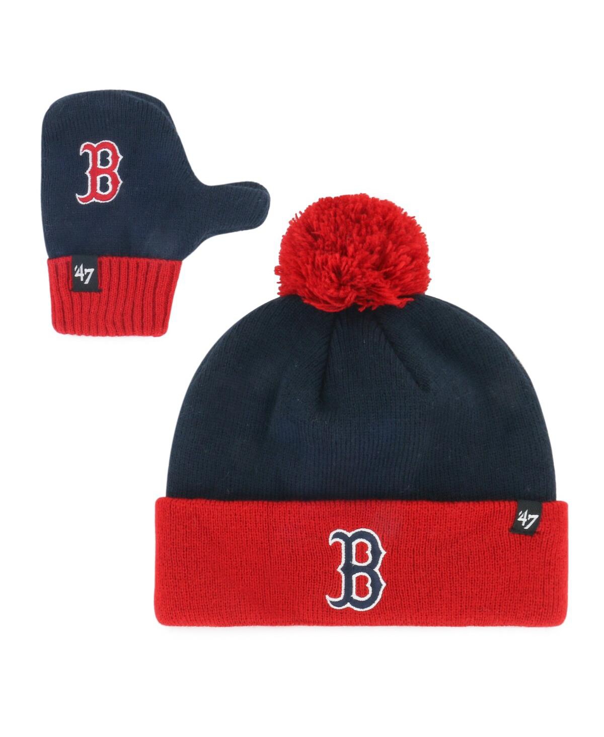 47 Brand Toddler Navy Boston Red Sox Bam Cuffed With Pom Mittens Knit Hat Set In Multi