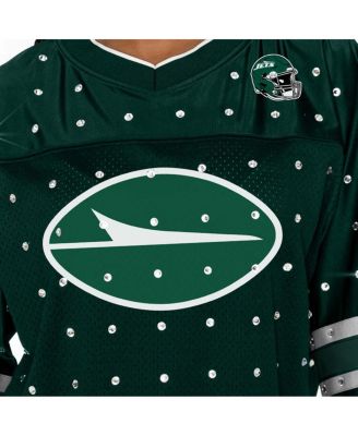 Women's Green New York Jets Kickoff Time Allover Rhinestone Sports Stripe Jersey V-Neck T-Shirt