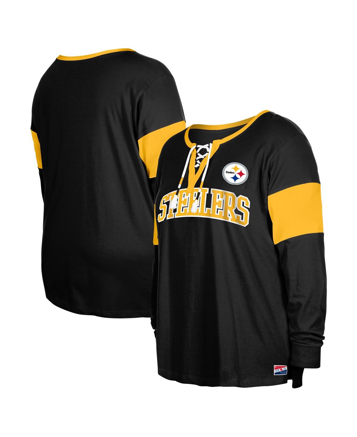 New Era Women's Black Pittsburgh Steelers Plus Size Lace-up Notch Neck Long Sleeve T-shirt In Black